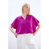 Sateen Geniş Kısa Kollu Bluz - Fuşya