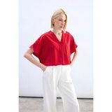 Sateen Geniş Kısa Kollu Bluz - Kırmızı - 38