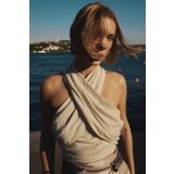 Sateen Halter Yaka Keten Crop Bluz - Bej