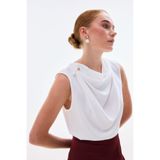 Sateen İnci Broşlu Degaje Bluz - Ekru