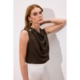 Sateen İnci Broşlu Degaje Bluz - Kahve