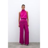 Sateen Jakarlı Salaş Pantolon - Fuşya