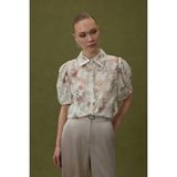 Sateen Kadın Gömlek - Pudra Çiçekli Dokuma Kumaş Günlük Stil Kısa Kollu - 40