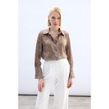 Sateen Kadın Klasik Desenli Gömlek 1929-2586 - 36 - Kahve