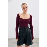 Sateen Kalp Yaka Triko Bluz - BORDO