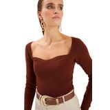 Sateen Kalp Yaka Triko Bluz - Kahve