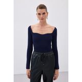 Sateen Kalp Yaka Triko Bluz - Lacivert