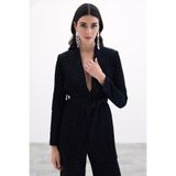 Sateen Kare Desenli Kuşaklı Ceket, 38, STN139KCE1722, Siyah, Kadın