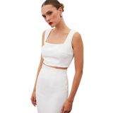 Sateen Kare Yaka Crop Bluz, 42, STN139KBL1499, Ekru, Kadın