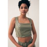 Sateen Kare Yaka Deri Crop Bluz - Çağla Yeşili