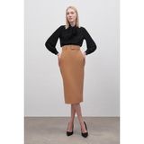 Sateen Kemerli Kalem Etek - Camel - 38