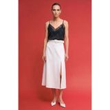 Sateen Kemerli Yırtmaç Detaylı Kloş Etek - Ekru - 40