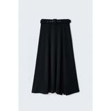 Sateen Kemerli Yırtmaç Detaylı Kloş Etek - Siyah - 36