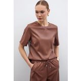 Sateen Kısa Kol Deri Bluz - Kahve