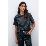 Sateen Kısa Kol Deri Bluz - Siyah