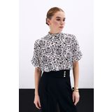 Sateen Kısa Kol Desenli Bluz - Ekru