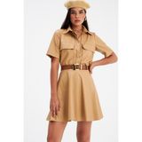 Sateen Kloş Mini Deri Etek - Bej - 36