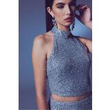 Sateen Kolsuz Payetli Bluz - GÜMÜŞ