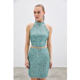 Sateen Kolsuz Payetli Bluz - Mint