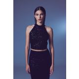Sateen Kolsuz Payetli Bluz - SİYAH