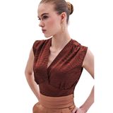Sateen Kruvaze Desenli Saten Bluz, 42, STN139KBL1412, Kahverengi, Kadın