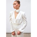 Sateen Kruvaze Saten Bodysuit Bluz - Ekru - 40