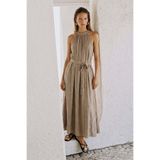 Sateen Kuşaklı Elbise - Camel
