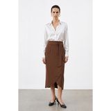 Sateen Kuşaklı Kalem Etek - Kahve - 38