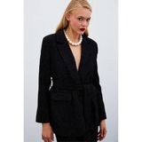 Sateen Kuşaklı Tüvit Ceket - Siyah - 38