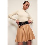 Sateen Mini Deri Etek - Camel - 40