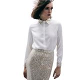 Sateen Payet Detaylı Saten Gömlek, 40, STN139KGO1281, Bej, Kadın