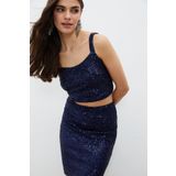 Sateen Payetli Crop Bluz - Lacivert