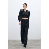 Sateen Pileli Saten Krep Pantolon - Siyah-135692 Siyah
