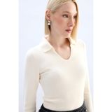 Sateen Polo Yaka Triko, Standart, STN135KTR122, Ekru, Kadın