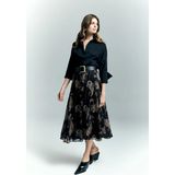 Sateen Şal Desen Şifon Etek - Siyah - 38