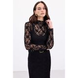Sateen Transparan Dantel Bluz, 38, STN139KBL2107, Siyah, Kadın