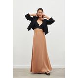 Sateen Uzun Saten Etek - Camel - 36