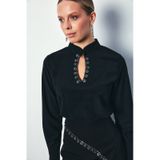 Sateen Yaka Damla Detaylı Bluz - Siyah