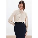 Sateen Yaka Detaylı Saten Bluz, 40, STN139KBL874, Bej, Kadın
