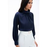 Sateen Yaka Detaylı Saten Bluz - Lacivert