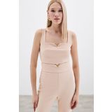 Sateen Yaka Gold Aksesuarlı Bluz - Bej