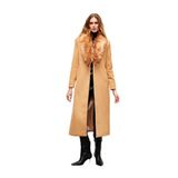 Sateen Yaka Kürklü Uzun Kaban - Camel