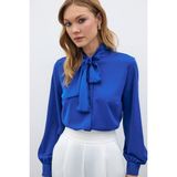 Sateen Yakası Bağlamalı Düz Gömlek - Sax Mavi - Saks - 38