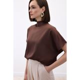 Sateen Yarasa Kol Salaş Bluz - Kahve