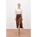 Sateen Yırtmaçlı Saten Etek - Kahve - 36