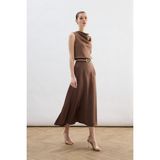 Sateen Yüksek Bel Saten Etek - Kahve - 38