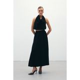 Sateen Yüksek Bel Yırtmaçlı Uzun Etek Siyah Standart Kumaş 99 cm Boy Kadın Modası - 36