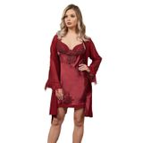 Saten Dantel Gecelik ve Tüylü Kol Detaylı ve Dantel Şort ve Pijama 6 parça Set Kadınlar için, Barina 8630, bordo şarabı, S