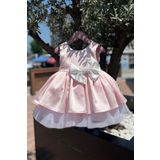 Saten İnci Süslemeli Kız Çocuk Bebek Abiye Pudra Pembe Elbise