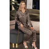 Saten Leopar Desen Önden Düğmeli Kadın Pijama Takımı, S, N5660-19804IGP27193842